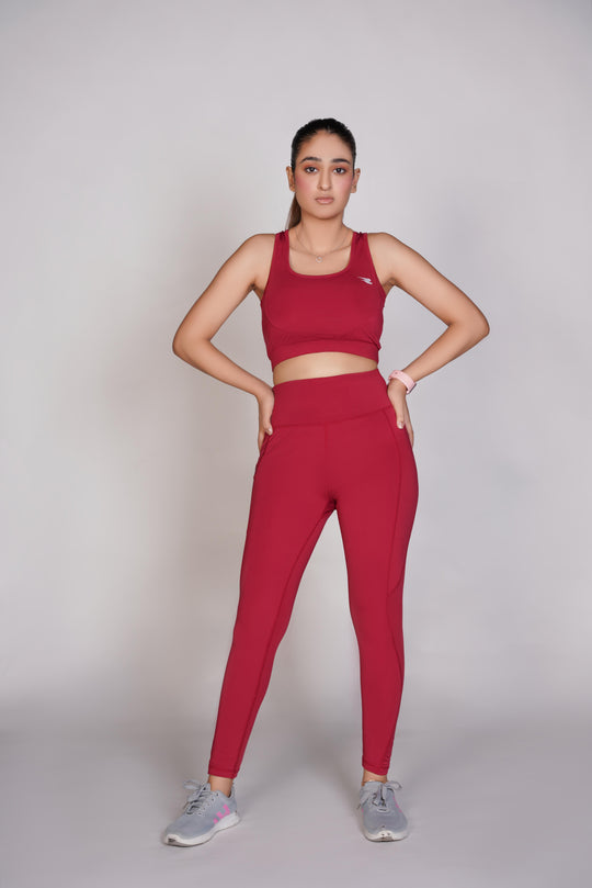 Flexi – Fit Mesh Sports (Sports Bra + Legging) with Pocket - Mehroon