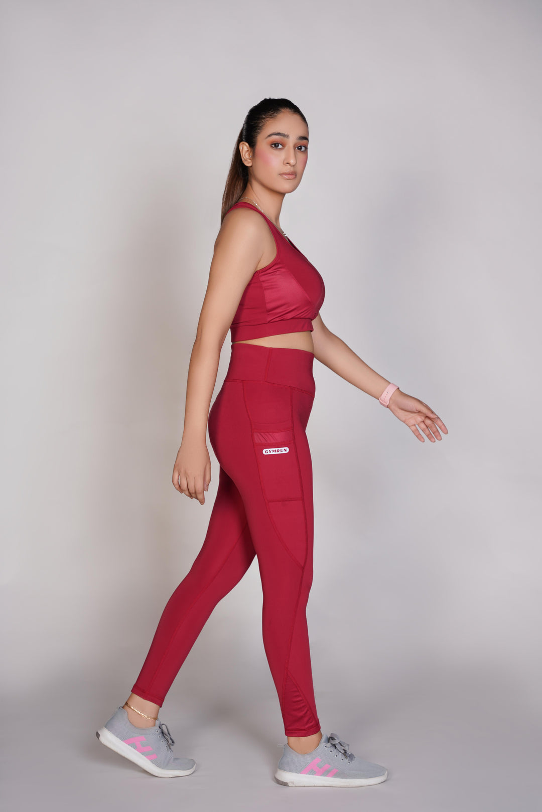 Flexi – Fit Mesh Sports (Sports Bra + Legging) with Pocket - Mehroon