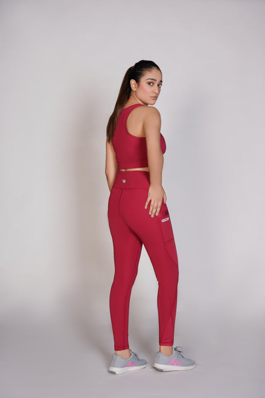 Flexi – Fit Mesh Sports (Sports Bra + Legging) with Pocket - Mehroon